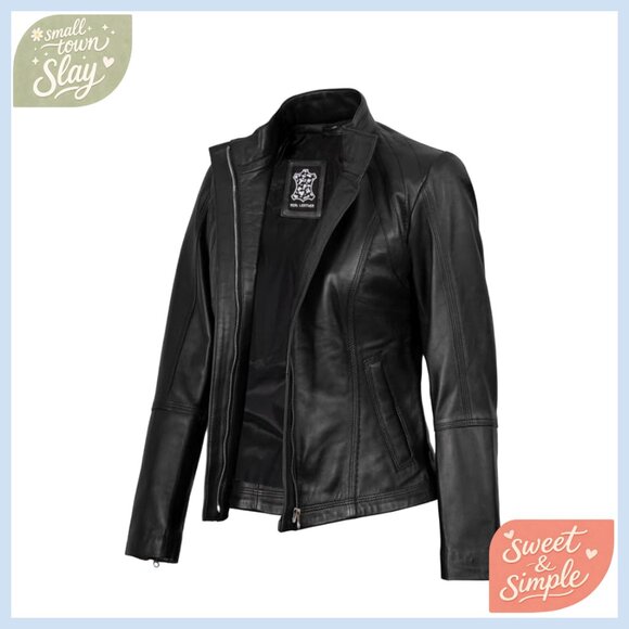 Lambskin Leather Jacket Stand Collar Cafe Racer Style Women's Outerwear